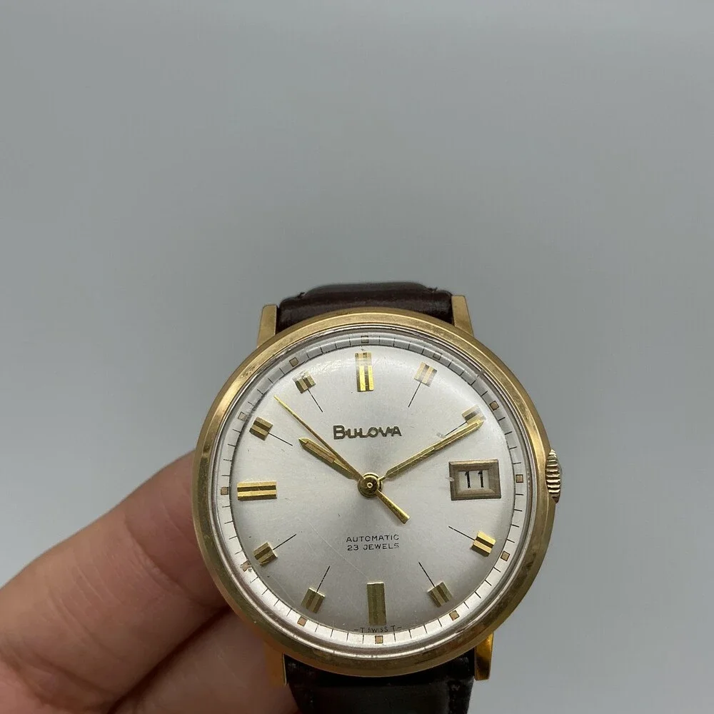 Vintage Bulova Automatic 23 Jewels Mens Watch 34mm Gold Plated Date King Leather